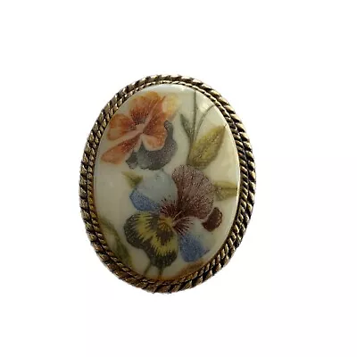 Vintage Hand Painted Brooch Porcelain Brass Victorian Pin Floral Blue 1.75  • $19.75