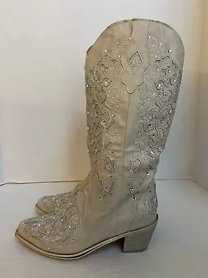 Cowboy Boots Sparkly Cowgirl Womens Western White Shoes Ivory Sz 40 EU 9 US • $58
