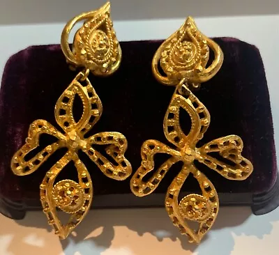Vintage Christian Lacroix - Bold Gold Tone Statement Dangling Clip On  Earrings • $429.99