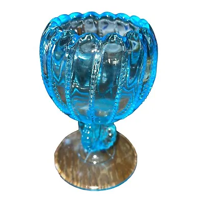 Lg Wright Glass Beaded Panels Blue Glass Footed Rose Bowl Candle Holder • $24.97