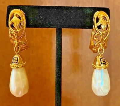 BEAUTIFUL Vintage Fendi Gold Plated Pearl Post Earrings • $499