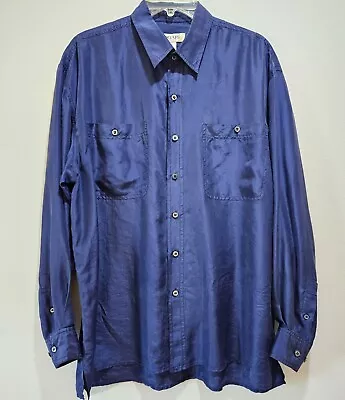 Vintage BOGARI Men's Navy Blue Medium Button Up 100% Silk Shirt Made In China • $16.89