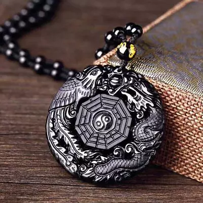 Lucky Obsidian Carving Pendant Yin Yang Dragon And Necklace Phoenix FAG1 F6A4 • £3.91