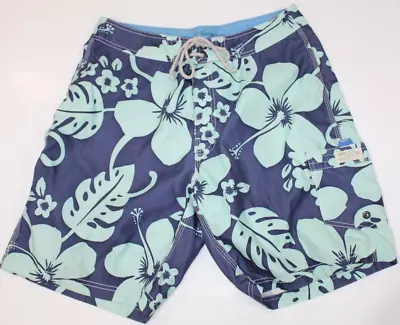 J Crew Mens Hawaiian Print Blue Teal Size 34 Board Shorts Swim Trunks Hibiscus • $17