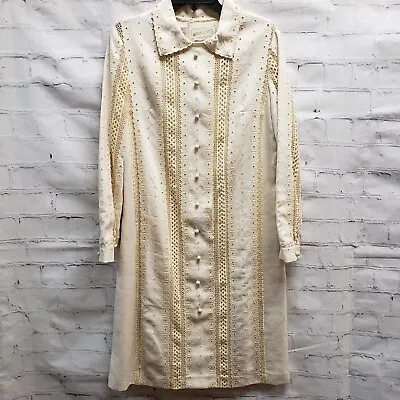 60s Moygashel Linen Crochet Accents Dress Vintage Carlye Beige Cloth Button Snap • $59.95