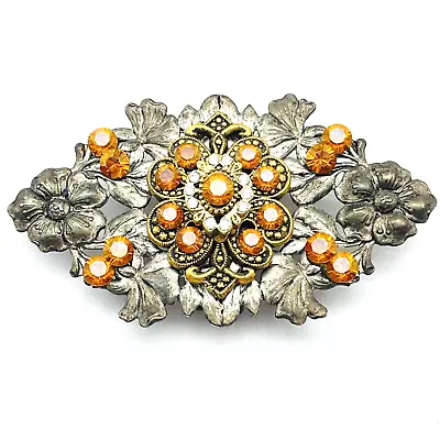 Orange Rhinestone Beaded Pin Magnetic Silver Tone Floral Nature Garden Trees • $7.99