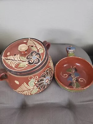 Mexican Tiaquepaque Red Clay Bean Pot 7 Tall And Serving Bowl With Handle • $45