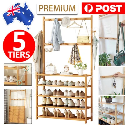 $52.95 • Buy Large Wooden 5 Tiers Hat Coat Stand Clothes Shoe Rack Hanger Hooks Shelf Storage