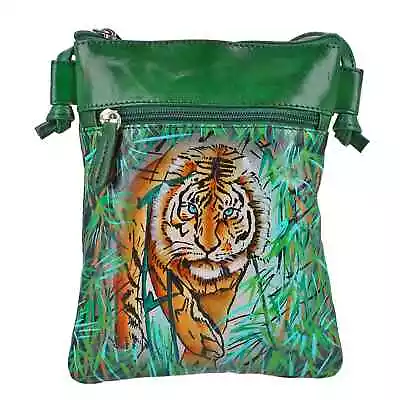 VIVID By SUKRITI Green Lion Pattern Hand Painted Genuine Leather Crossbody Bag • $16.73