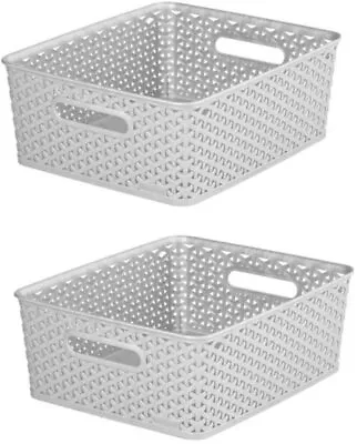 £12.10 • Buy 2x Curver Medium Plastic Rattan Storage Wicker Basket Paper Office 13 Litre Grey