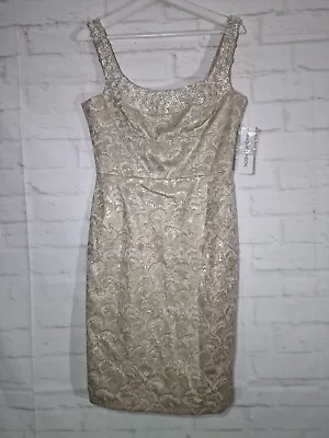 Maggy London Dress Size 8 Beige Gold Sleeveless Knee Length Beaded Neck • £13.99