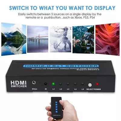 5 To 1 HDMI Splitter Selector Switch Ultra HD 4K@60Hz / 3D IR Remote Hub Cable • $69.34