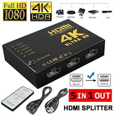 4K HDMI Switch Switcher 5 Port Splitter Hub IR Remote For HDTV PS3 5 In 1 Out UK • £6.99