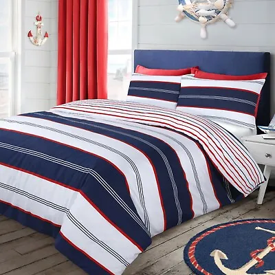 £11.95 • Buy Luxury Nautical Stripe Duvet Cover Bedding Set & Pillowcases Blue Red Reversible