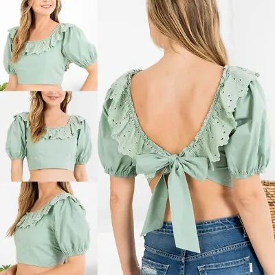 NEW Sage Moss Green 100% Cotton Eyelet Embroidered Ruffle Bow Tie Back Crop Top • $16.19