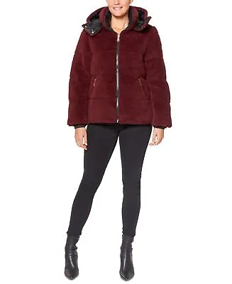 Vince Camuto Women's Hooded Faux-Fur Teddy Medium Puffer Coat OXBLOOD Red • $25.41