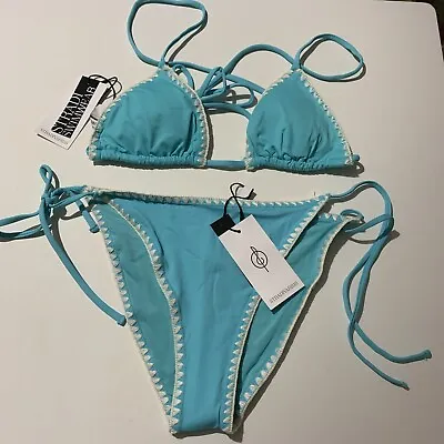 New Stradivarius Ladies Blue Crochet Trim Padded Bikini Swimwear Set Size S / M • £20