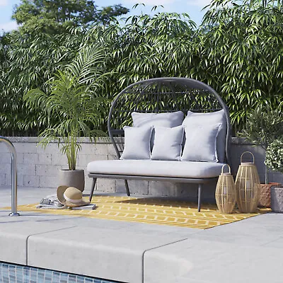 Rattan Garden 2 Seater Sofa Furniture Day Bed Patio Outdoor Steel Grey Cushions • £169.99