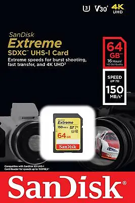 SanDisk 64GB Extreme SDXC 150MB/S U3 V30 4K SD Class 10 Memory Card SDSDXV6-064G • $13.95