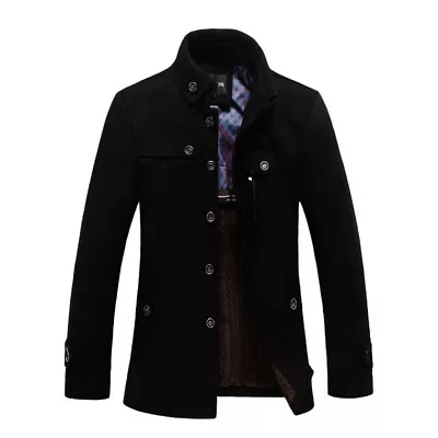 Mens Wool Blend Military Coat Jacket Single Breasted Stand Collar Slim Fit Thick • $128.34