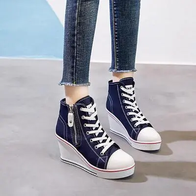 $34.99 • Buy Lady's High Top Wedge Heel Sneakers Women Pumps Lace Up Sport Canvas Shoes