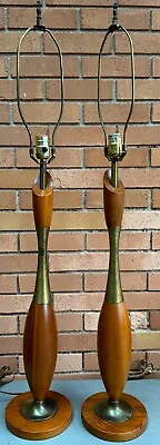 Nice Pair 60s Walnut Brass Vintage Table Lamps Mid Century Modern Lighting MCM • $750