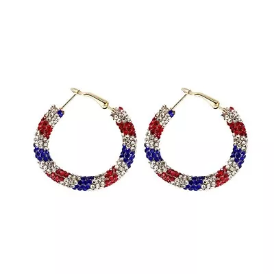 Red White Blue UK Union Jack Flag Rhinestone Hoop EARRINGS Coronation Party Prom • £4.29