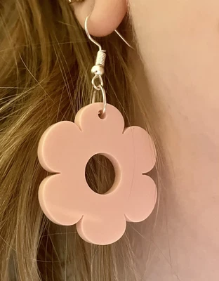 60s 70s 80s Pink Flower  GEOMETRIC Dangle Drop Earrings  Club Festival Retro • £3