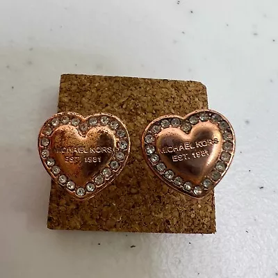 Michael Kors Heart Earrings Rose Gold Rhinestone Stud Crystal Logo MK • $10