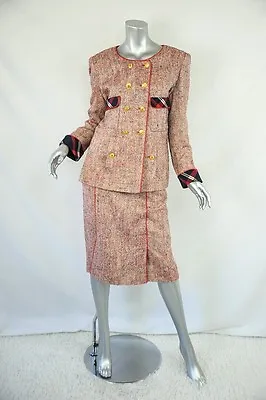 CHANEL BOUTIQUE Womens SILK VINTAGE Red Tweed Plaid Cuff Skirt Suit Outfit 40 • $950