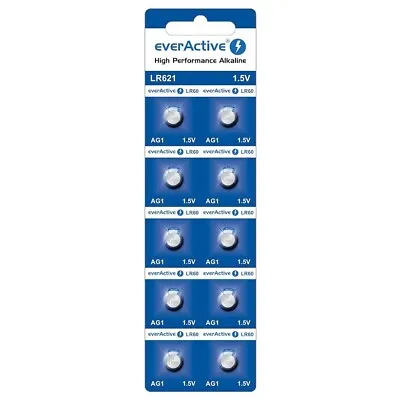 10 X EverActive LR60 Alkaline Watch Batteries 1.5V - LR621 AG1 364 L621 164 363 • £2.45