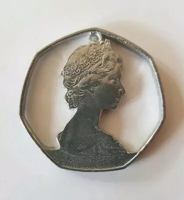 Vintage Queen Elizabeth Pendant Costume Jewellery 50p Fifty Pence Pewter 1970s • £5.75