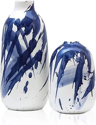 10.2 /6.5  Tall Navy Blue + White Ceramic Flower Vase Set For Home Decor (2 PK) • £43.23