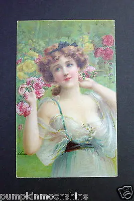 # I 717- Vintage Unused Greeting Post Card Pretty Victorian Lady & Shabby Roses • $50
