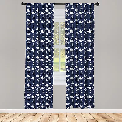 Navy Blue Curtains 2 Panel Set Maritime Anchor Whale • £23.99