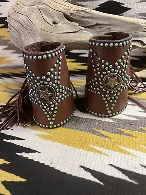 Vintage Old West Cowboy Studded Leather Wrist Cuffs Coin Concho Fringe Western • $130