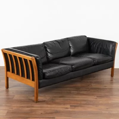 Mid Century Three Seat Black Leather Sofa Stouby Of Denmark Circa 1970 • $2700