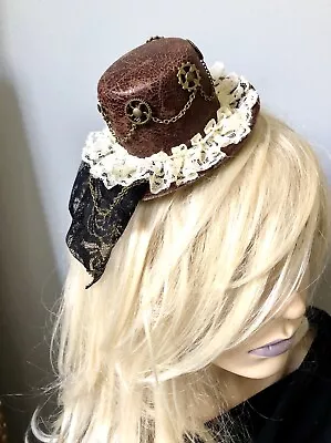 Steam Punk Brown Mini Top Hat Lace Veil Ivory Gears Wheel Vintage Gold Chain • $19.50