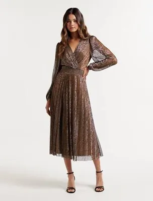 $75 • Buy FOREVER NEW Taylor Pleated Plisse Bronze Midi Dress, Size 4 Or 6 XXS RRP $169.99