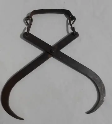 Vintage Steel Log Grabber Steel Ice Block Tongs Metal Hook Tool Chained Handle • $35
