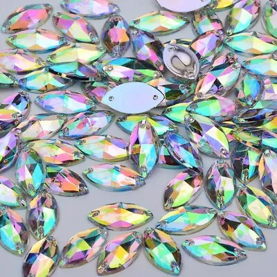 50x Clear AB Flat Back Faceted Teardrop Pear Rhinestone Sew On Bead Diamante Gem • £2.99