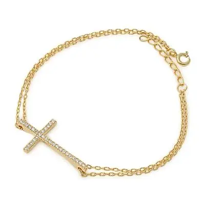 Gold Plated Sideways Cross Rolo Link Chain Bracelet Clear CZ Sterling Silver • $22.19