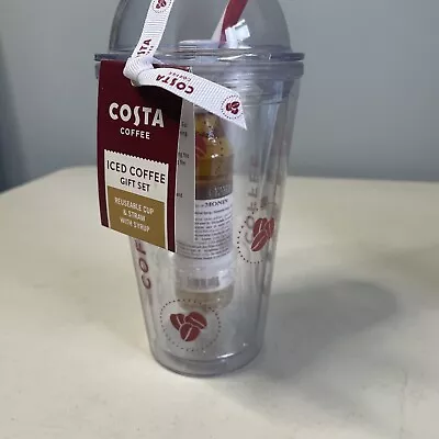 COSTA Iced Coffee Gift Set Reusable Plastic Cup Straw Caramel Syrup BNWT • £15.13