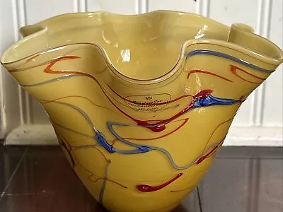 Small Viz Art Glass Hand Blown Ruffled Edge Decorative Bowl/ Yellow/Modern Look • $40