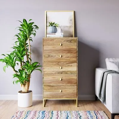 Brass + Light Mango Tall Chest Of 5 Drawers • £417.99