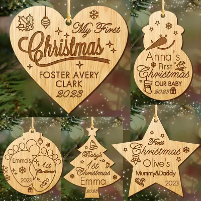 Personalised Wooden Baby's First Christmas Bauble Tree Decoration Xmas Gift 2023 • £3.99