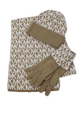 Michael Kors MK Repeat Logo Knit Scarf Hat & Gloves Boxed Set In Camel/Cream New • $109.99