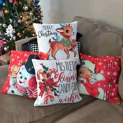 Retro Red Christmas Pillows Set Santa Snowman Rudolph Candy Cane 18  X 18   • £48.18