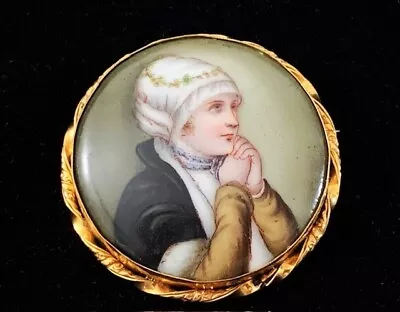 Antique Hand-Painted Porcelain NOBLE WOMAN PORTRAIT Round Pin Brooch Pendant • $108.95