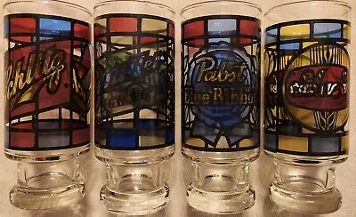 Vintage 4 Stained Glass Beer Glasses Schlitz Pabst Blue Ribbon Miller Schaefer • $25